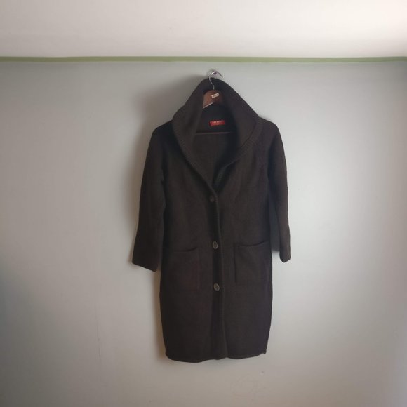 Chocolate BROWN Italian Cashmere Wool blend sweaterdress coatigan front button S - Picture 1 of 10